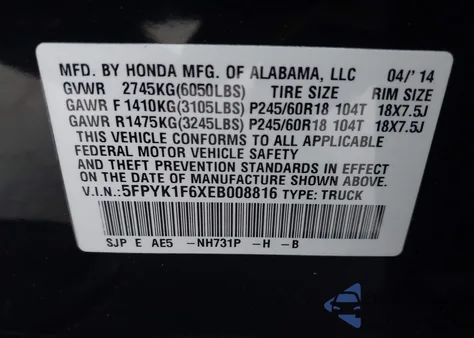 2014 Honda Ridgeline Se from USA, damaged, VIN 5FPYK1F6XEB008816